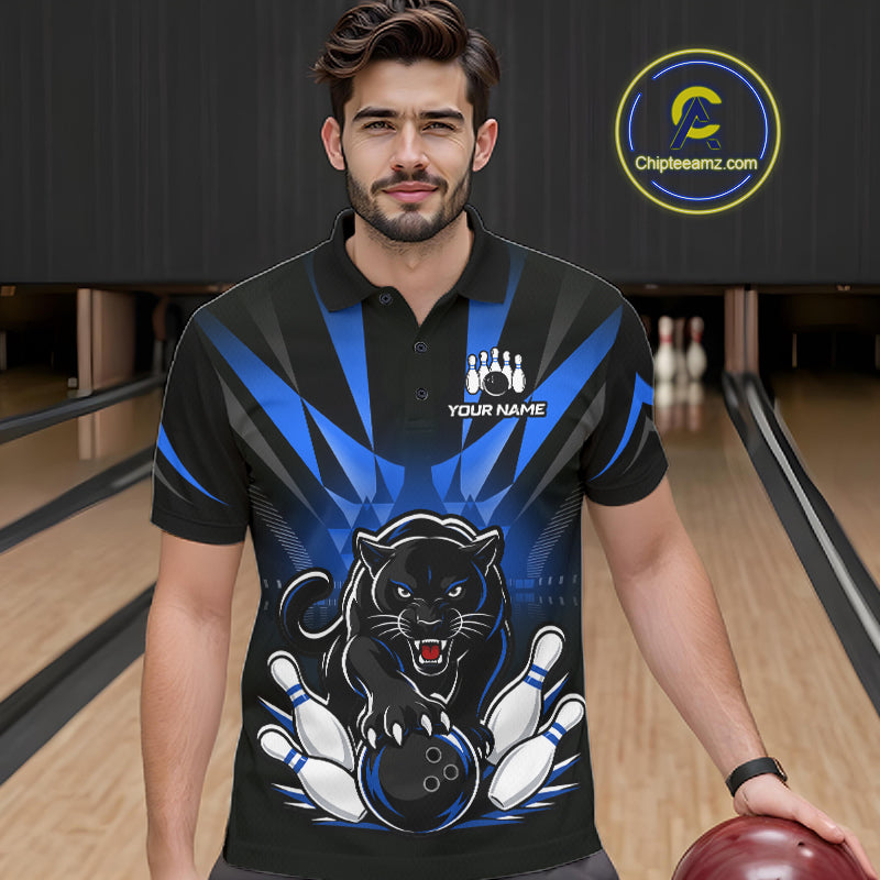 Custom Black And Blue Leopard Bowling Jerseys, Leopard Bowling Team Men Polo & 1/4 Quarter-Zip Shirts NBT914