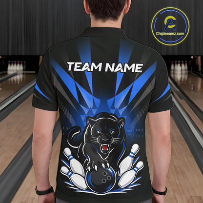 Custom Black And Blue Leopard Bowling Jerseys, Leopard Bowling Team Men Polo & 1/4 Quarter-Zip Shirts NBT914