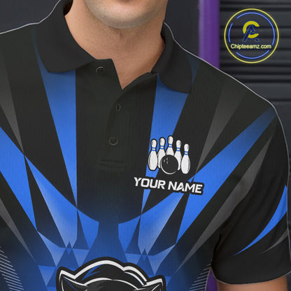 Custom Black And Blue Leopard Bowling Jerseys, Leopard Bowling Team Men Polo & 1/4 Quarter-Zip Shirts NBT914