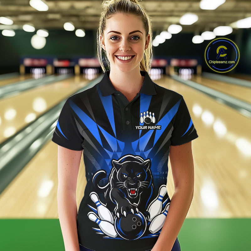 Custom Black And Blue Leopard Bowling Jerseys, Leopard Bowling Team Women Polo & 1/4 Quarter-Zip Shirts NBT914