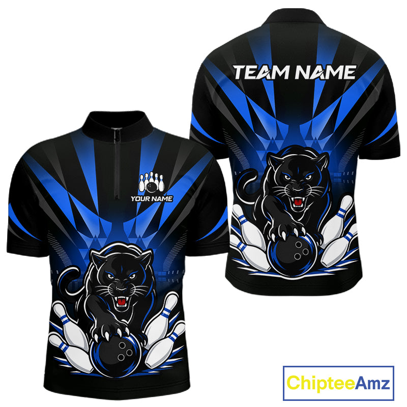 Custom Black And Blue Leopard Bowling Jerseys, Leopard Bowling Team Men Polo & 1/4 Quarter-Zip Shirts NBT914