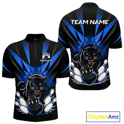 Custom Black And Blue Leopard Bowling Jerseys, Leopard Bowling Team Men Polo & 1/4 Quarter-Zip Shirts NBT914