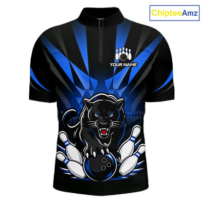 Custom Black And Blue Leopard Bowling Jerseys, Leopard Bowling Team Men Polo & 1/4 Quarter-Zip Shirts NBT914