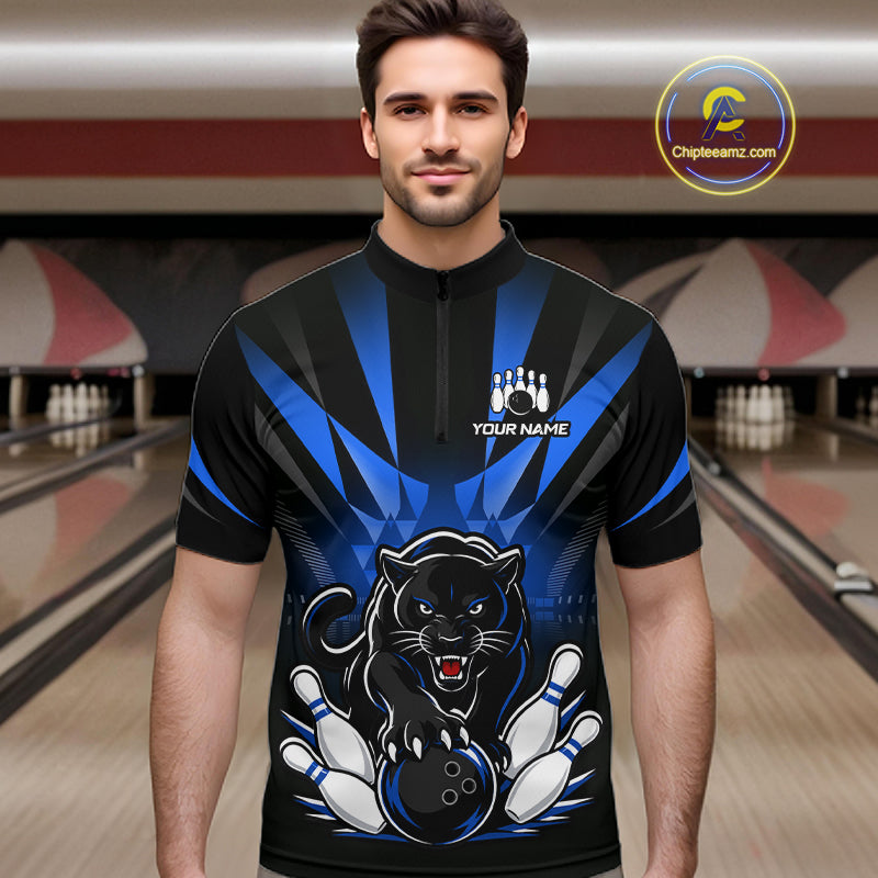 Custom Black And Blue Leopard Bowling Jerseys, Leopard Bowling Team Men Polo & 1/4 Quarter-Zip Shirts NBT914