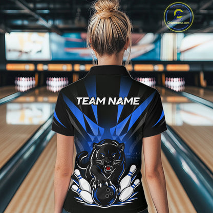 Custom Black And Blue Leopard Bowling Jerseys, Leopard Bowling Team Women Polo & 1/4 Quarter-Zip Shirts NBT914