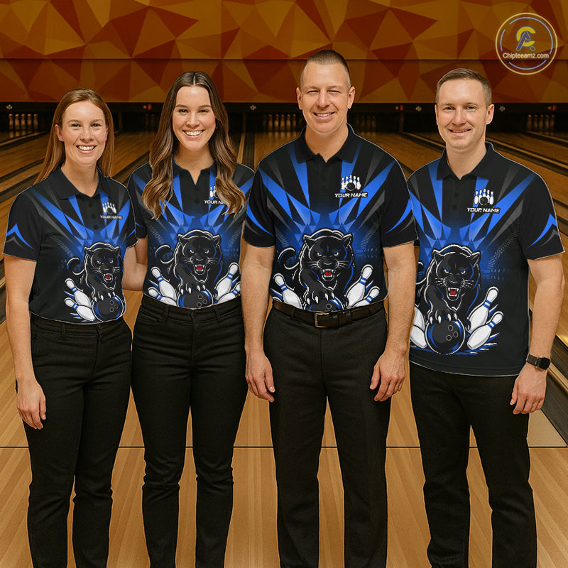 Custom Black And Blue Leopard Bowling Jerseys, Leopard Bowling Team Men Polo & 1/4 Quarter-Zip Shirts NBT914