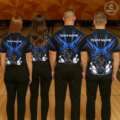 Custom Black And Blue Leopard Bowling Jerseys, Leopard Bowling Team Men Polo & 1/4 Quarter-Zip Shirts NBT914