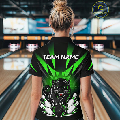 Custom Black And Green Leopard Bowling Jerseys, Leopard Bowling Team Women Polo & 1/4 Quarter-Zip Shirts NBT915