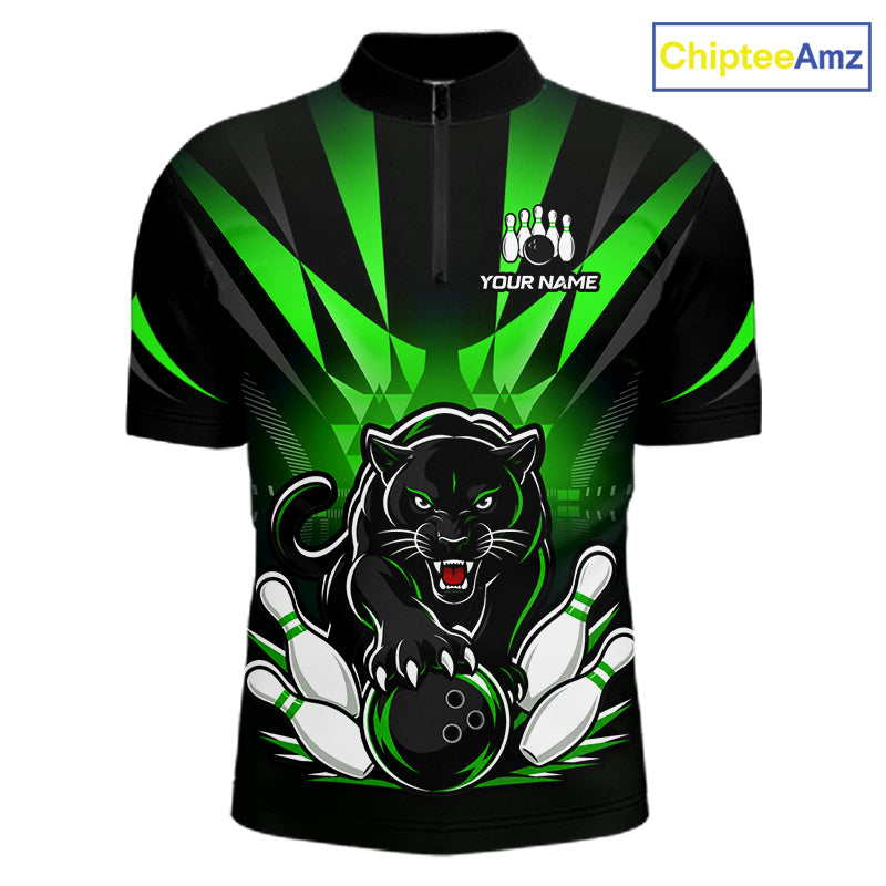 Custom Black And Green Leopard Bowling Jerseys, Leopard Bowling Team Men Polo & 1/4 Quarter-Zip Shirts NBT915