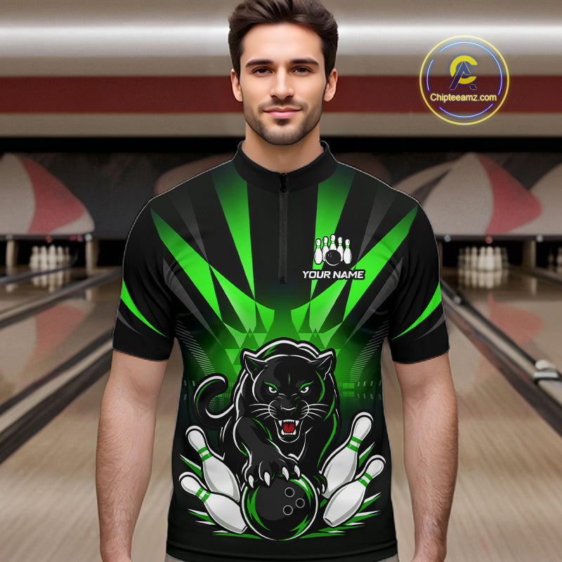 Custom Black And Green Leopard Bowling Jerseys, Leopard Bowling Team Men Polo & 1/4 Quarter-Zip Shirts NBT915