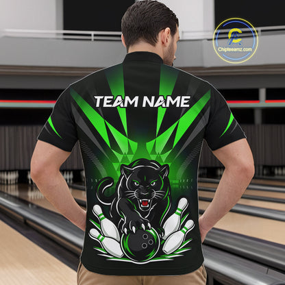 Custom Black And Green Leopard Bowling Jerseys, Leopard Bowling Team Men Polo & 1/4 Quarter-Zip Shirts NBT915