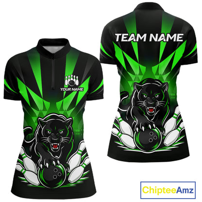 Custom Black And Green Leopard Bowling Jerseys, Leopard Bowling Team Women Polo & 1/4 Quarter-Zip Shirts NBT915