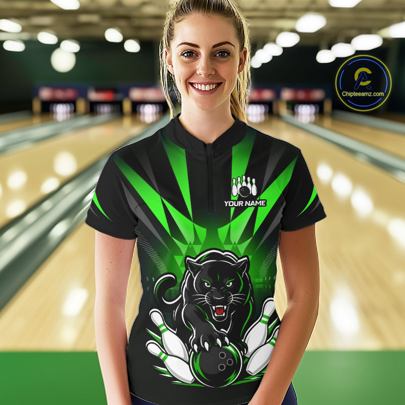 Custom Black And Green Leopard Bowling Jerseys, Leopard Bowling Team Women Polo & 1/4 Quarter-Zip Shirts NBT915