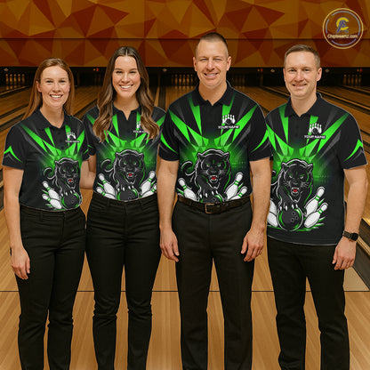 Custom Black And Green Leopard Bowling Jerseys, Leopard Bowling Team Men Polo & 1/4 Quarter-Zip Shirts NBT915