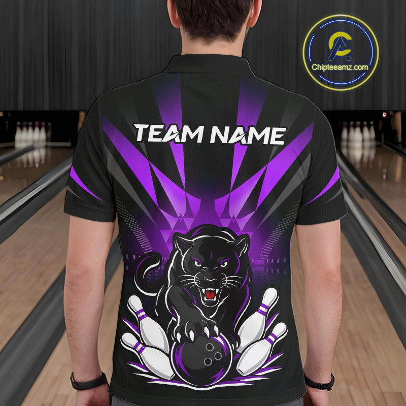 Custom Black And Purple Leopard Bowling Jerseys, Leopard Bowling Team Men Polo & 1/4 Quarter-Zip Shirts NBT916