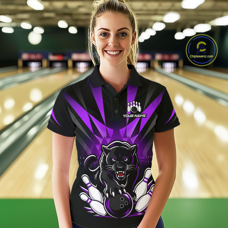 Custom Black And Purple Leopard Bowling Jerseys, Leopard Bowling Team Women Polo & 1/4 Quarter-Zip Shirts NBT916