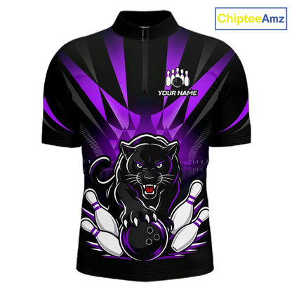 Custom Black And Purple Leopard Bowling Jerseys, Leopard Bowling Team Men Polo & 1/4 Quarter-Zip Shirts NBT916