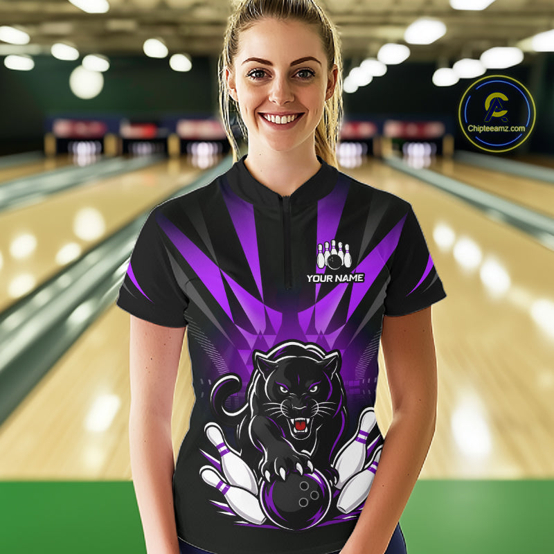 Custom Black And Purple Leopard Bowling Jerseys, Leopard Bowling Team Women Polo & 1/4 Quarter-Zip Shirts NBT916