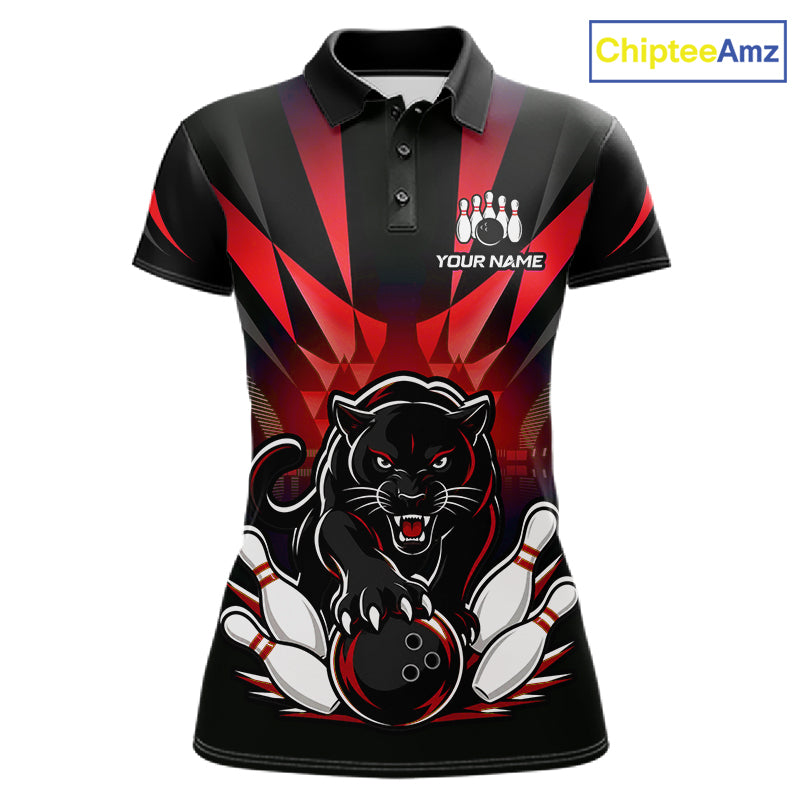 Custom Black And Red Leopard Bowling Jerseys, Leopard Bowling Team Women Polo & 1/4 Quarter-Zip Shirts NBT917