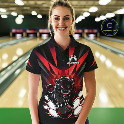 Custom Black And Red Leopard Bowling Jerseys, Leopard Bowling Team Women Polo & 1/4 Quarter-Zip Shirts NBT917