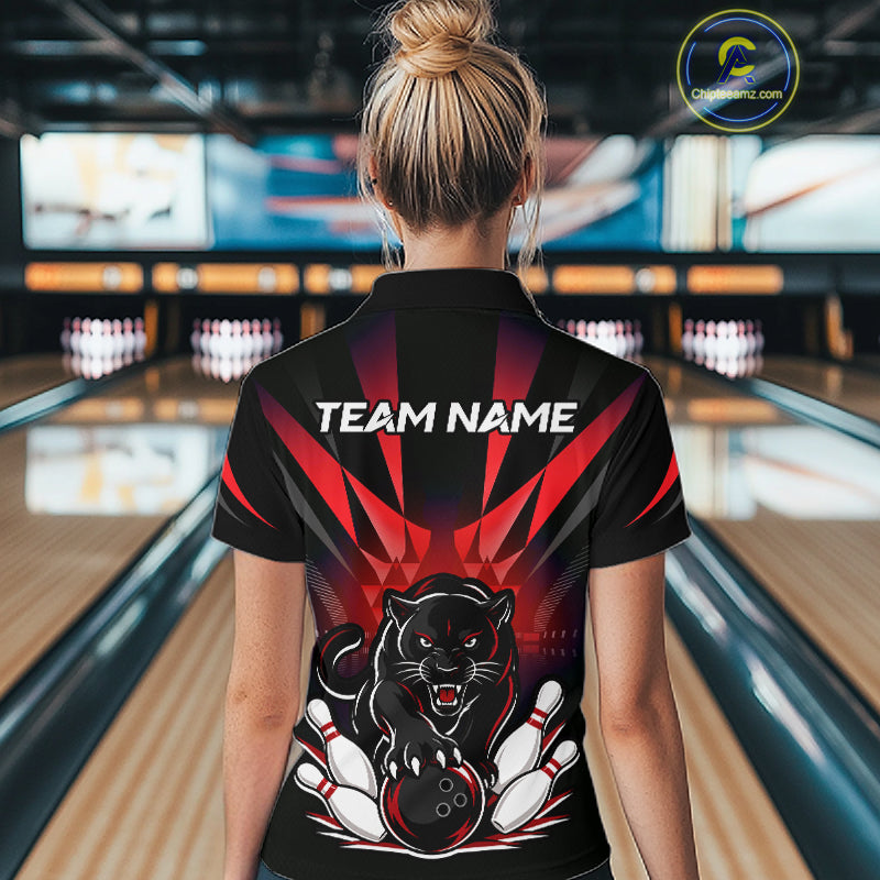 Custom Black And Red Leopard Bowling Jerseys, Leopard Bowling Team Women Polo & 1/4 Quarter-Zip Shirts NBT917