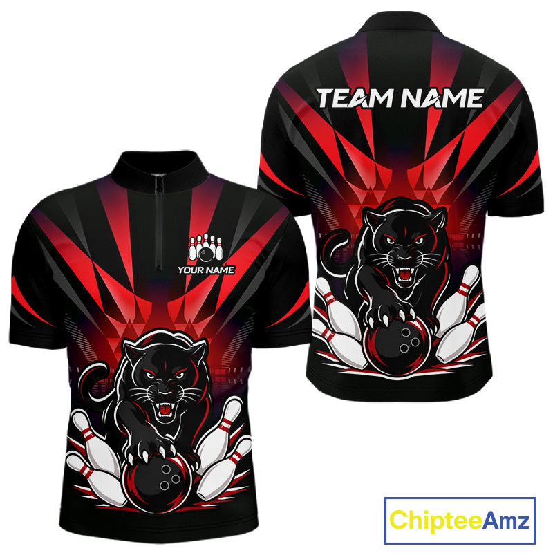 Custom Black And Red Leopard Bowling Jerseys, Leopard Bowling Team Men Polo & 1/4 Quarter-Zip Shirts NBT917