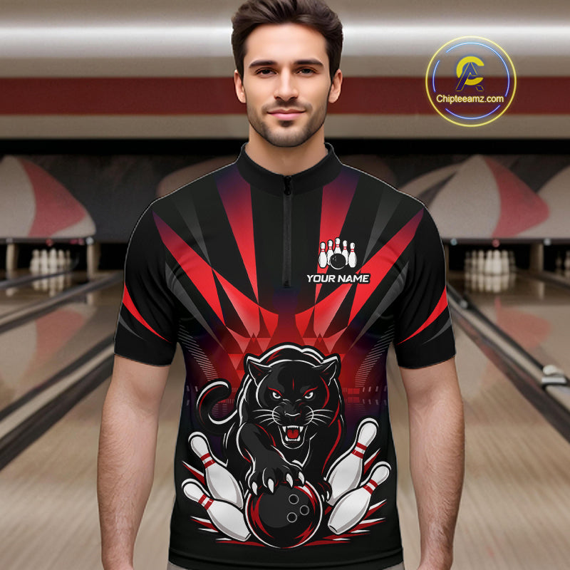 Custom Black And Red Leopard Bowling Jerseys, Leopard Bowling Team Men Polo & 1/4 Quarter-Zip Shirts NBT917