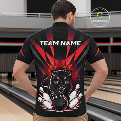Custom Black And Red Leopard Bowling Jerseys, Leopard Bowling Team Men Polo & 1/4 Quarter-Zip Shirts NBT917
