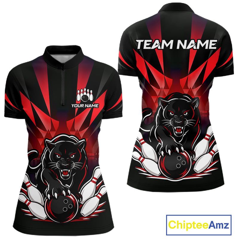 Custom Black And Red Leopard Bowling Jerseys, Leopard Bowling Team Women Polo & 1/4 Quarter-Zip Shirts NBT917