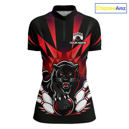 Custom Black And Red Leopard Bowling Jerseys, Leopard Bowling Team Women Polo & 1/4 Quarter-Zip Shirts NBT917