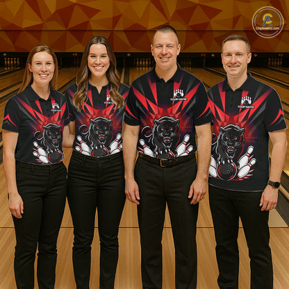 Custom Black And Red Leopard Bowling Jerseys, Leopard Bowling Team Men Polo & 1/4 Quarter-Zip Shirts NBT917