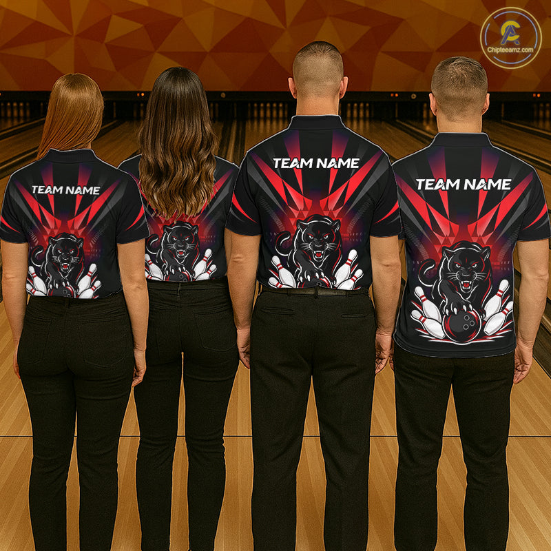 Custom Black And Red Leopard Bowling Jerseys, Leopard Bowling Team Men Polo & 1/4 Quarter-Zip Shirts NBT917