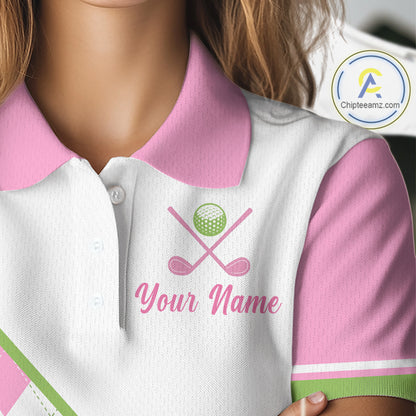 close up text “I hate golf nice shot I love golf” pink argyle golf polo
