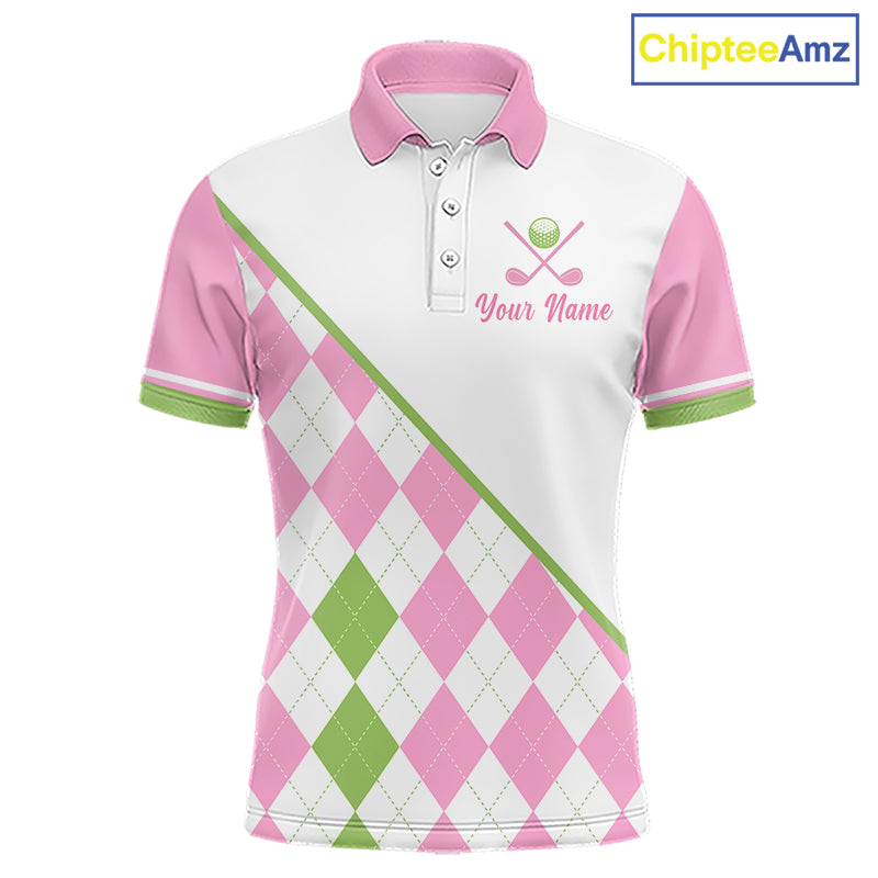 Funny mens golf polo shirt pink argyle pattern I Hate Golf Nice Shot I Love Golf - front view