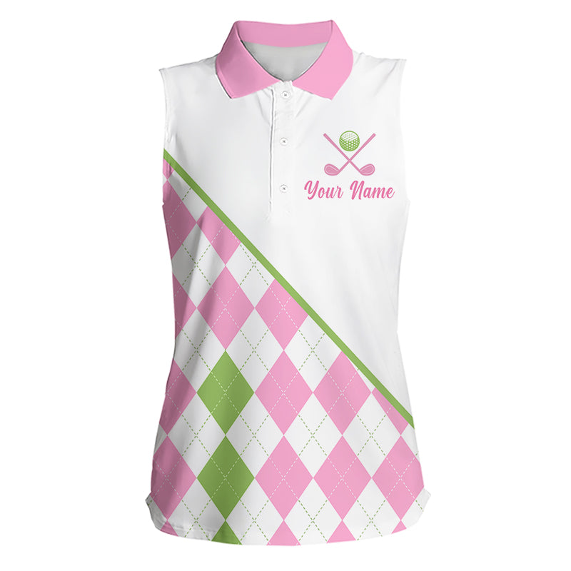 front view funny golf slogan pink argyle womens sleeveless golf polo shirt