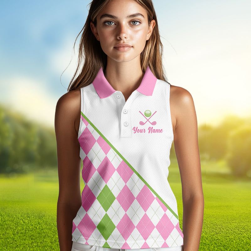 woman wearing funny pink argyle womens sleeveless golf polo 