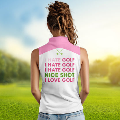 woman wearing funny pink argyle womens golf polo “I hate golf I love golf”