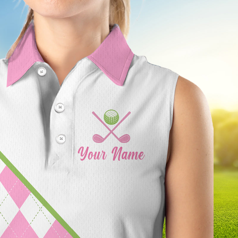 close up text “I hate golf nice shot I love golf” pink argyle sleeveless golf polo