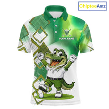 Load image into Gallery viewer, Front view of funny alligator mens golf polo shirt in green with custom name on chest, team golf shirts and golf gifts design
