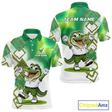 Load image into Gallery viewer, Front and back view of funny alligator mens golf polo shirt in green with custom name on chest, team golf shirts and golf gifts design