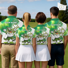 Load image into Gallery viewer, Four people wearing matching green and white polo shirts with funny alligator on a golf course.