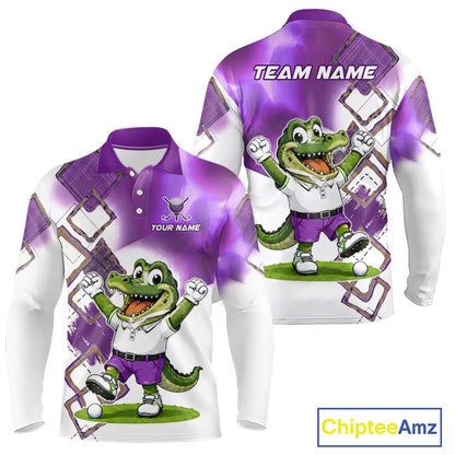 Front and back view of funny alligator mens long sleeve golf polo shirt in green with custom name on chest, team golf shirts and golf gifts design