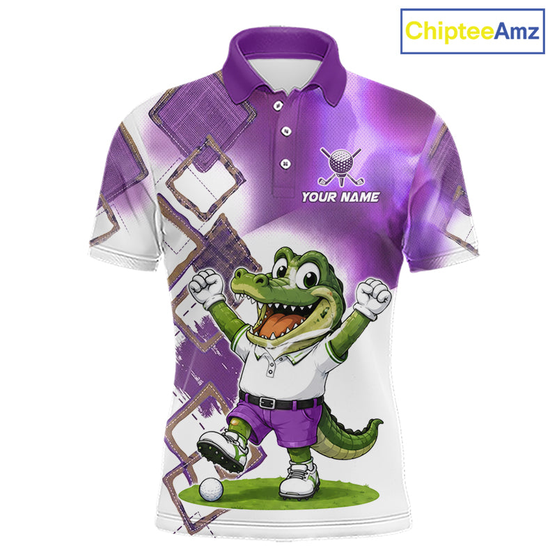 Front view of funny alligator mens golf polo shirt in purple with custom name on chest, team golf shirts and golf gifts design