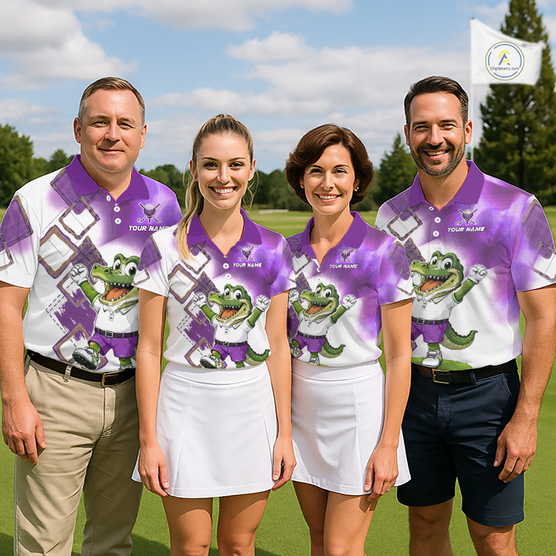 Four people wearing matching golf outfits on a golf course.