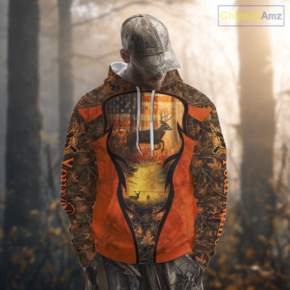 Deer Hunting Autumn Blaze Camo with American Flag Shirts for Men, Best Gift Ideas for Hunter NBT41