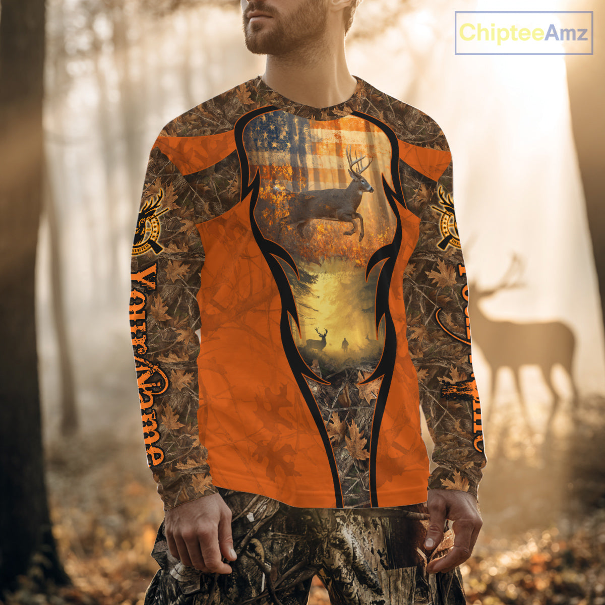 Deer Hunting Autumn Blaze Camo with American Flag Shirts for Men, Best Gift Ideas for Hunter NBT41