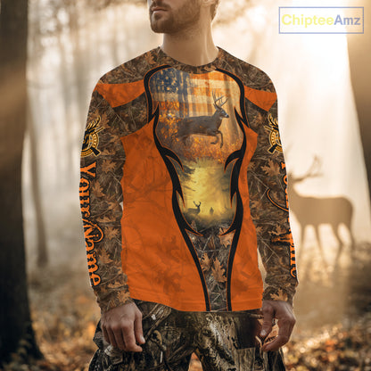 Deer Hunting Autumn Blaze Camo with American Flag Shirts for Men, Best Gift Ideas for Hunter NBT41