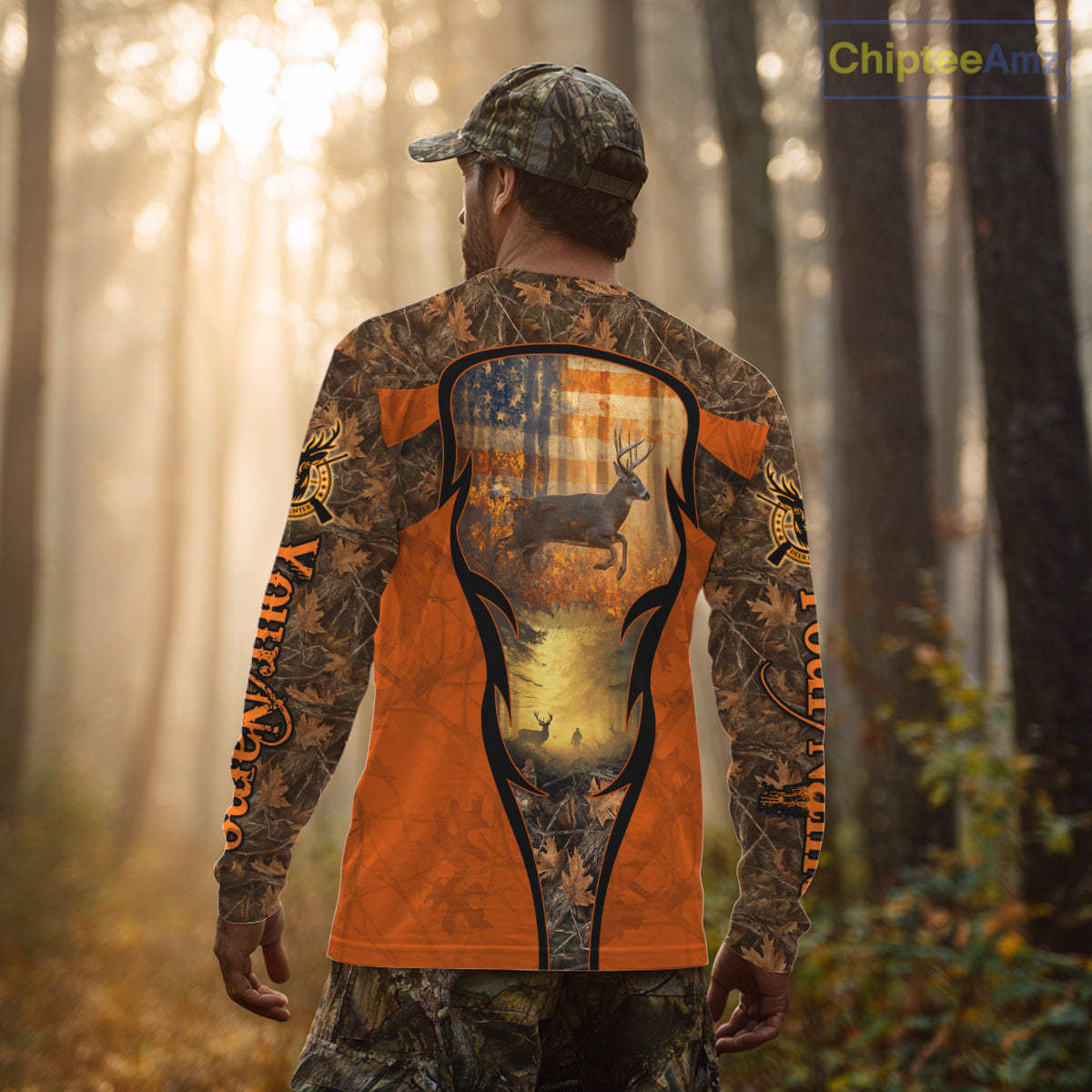 Deer Hunting Autumn Blaze Camo with American Flag Shirts for Men, Best Gift Ideas for Hunter NBT41