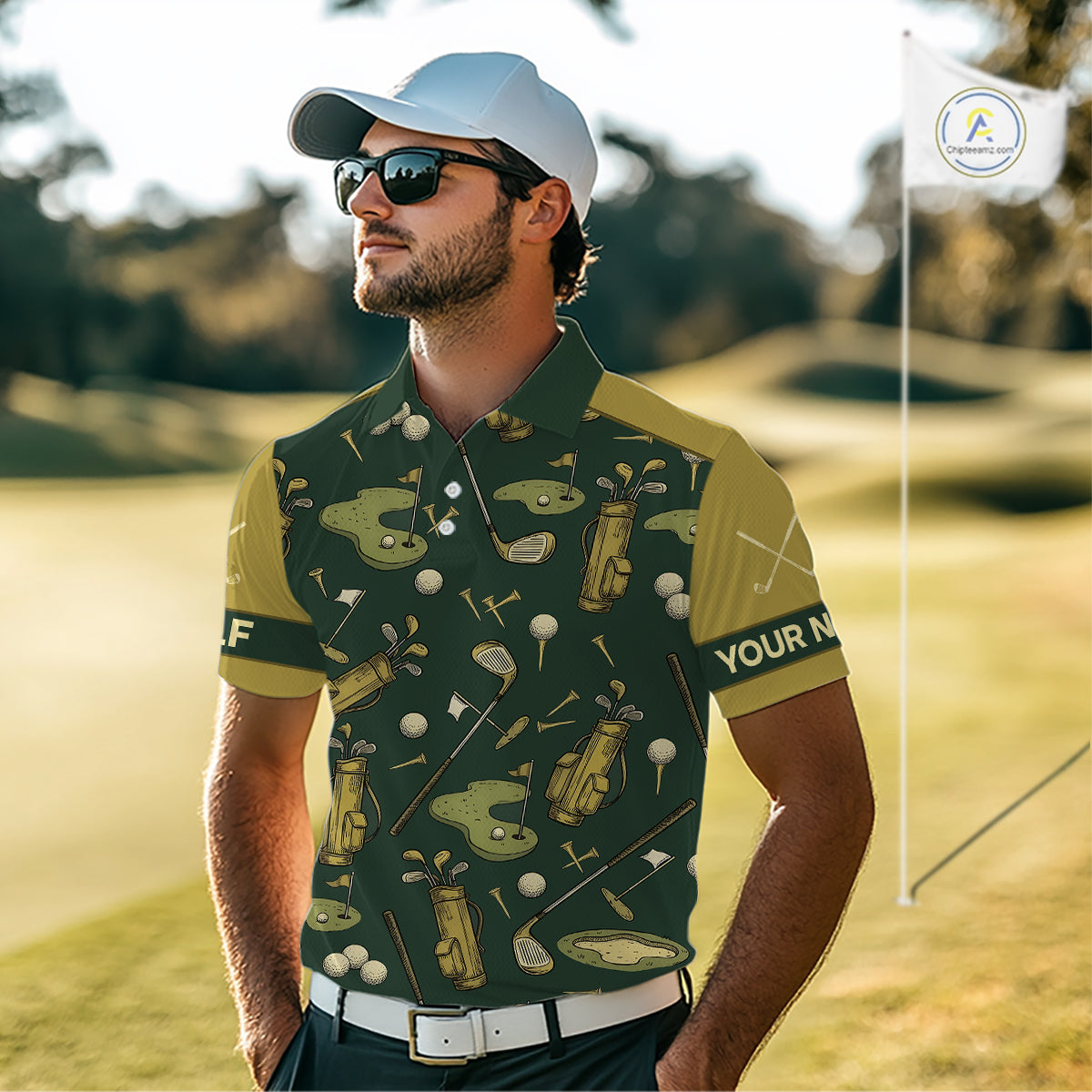 Vintage 1990s Golf Pattern Mens Golf Polo Shirt, Golf Attire For Men, Golfer Gifts|Beige NBT614