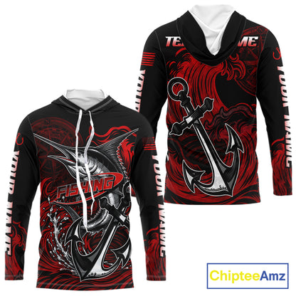 Front and back view of Custom Marlin Fishing Ocean Camo Long Sleeve Hooded Fishing Shirt Marlin Saltwater Fishing Jersey, UPF 30+ long sleeve fishing shirt with marlin graphic and Your Name on sleeves, team name on the back.